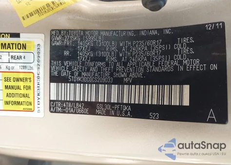 2012 Toyota Sienna z USA, uszkodzony, nr VIN 5TDYK3DC0CS209033